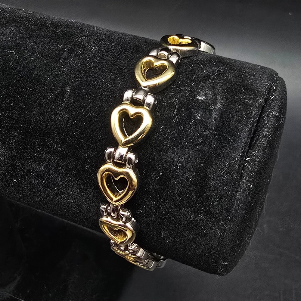 Gold Tone Heart Link Bracelet Two Tone Romantic Valentine 1990s Vintage